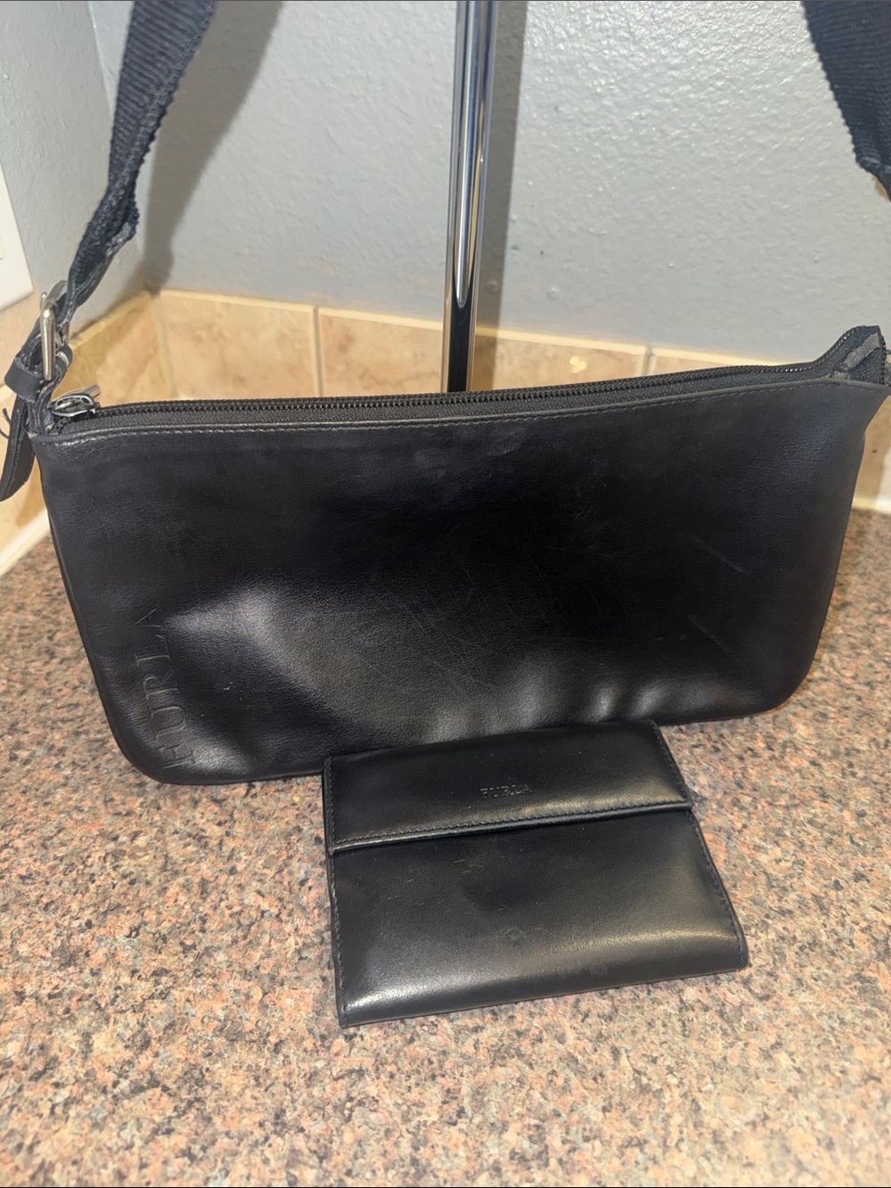 Furla Black Leather Shoulder Bag with Matching Black Wallet